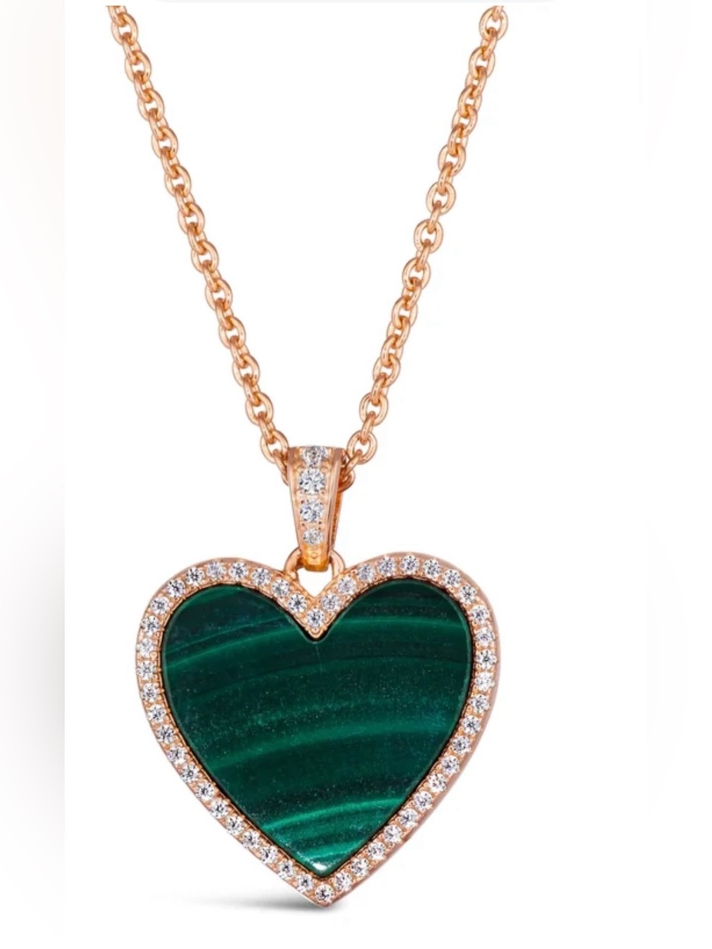 Rose Gold Heart Pendant Necklace with Green Malachite and Crystal Halo